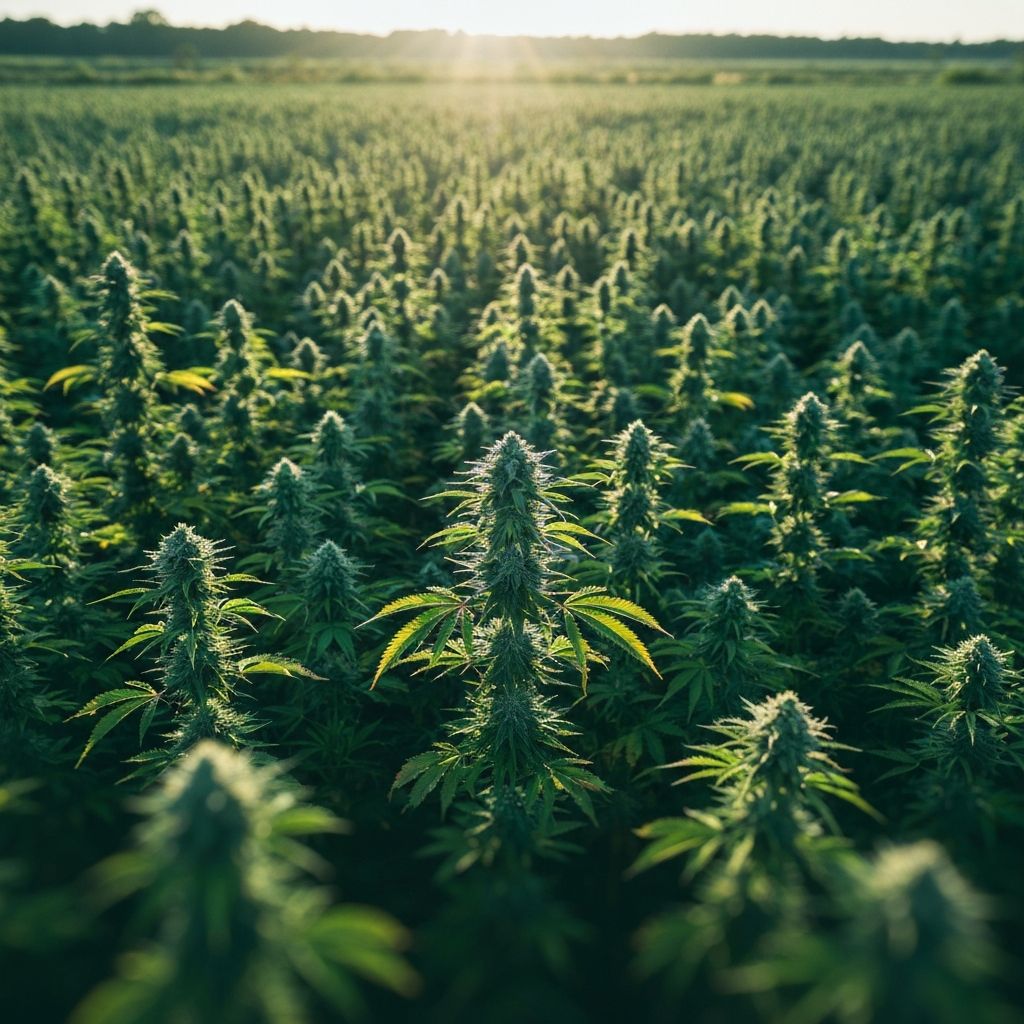 Lush cannabis field at sunrise